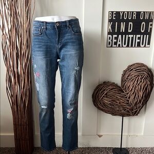 Vintage America Blue Straight Leg Jeans With Floral Embellishment